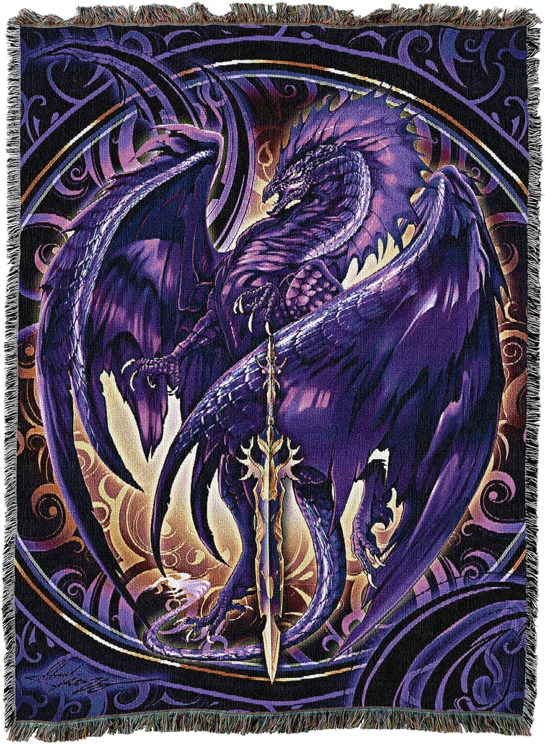 Tapestry blanket of Nether Blade, purple dragon with gold accented sword, background of swirls