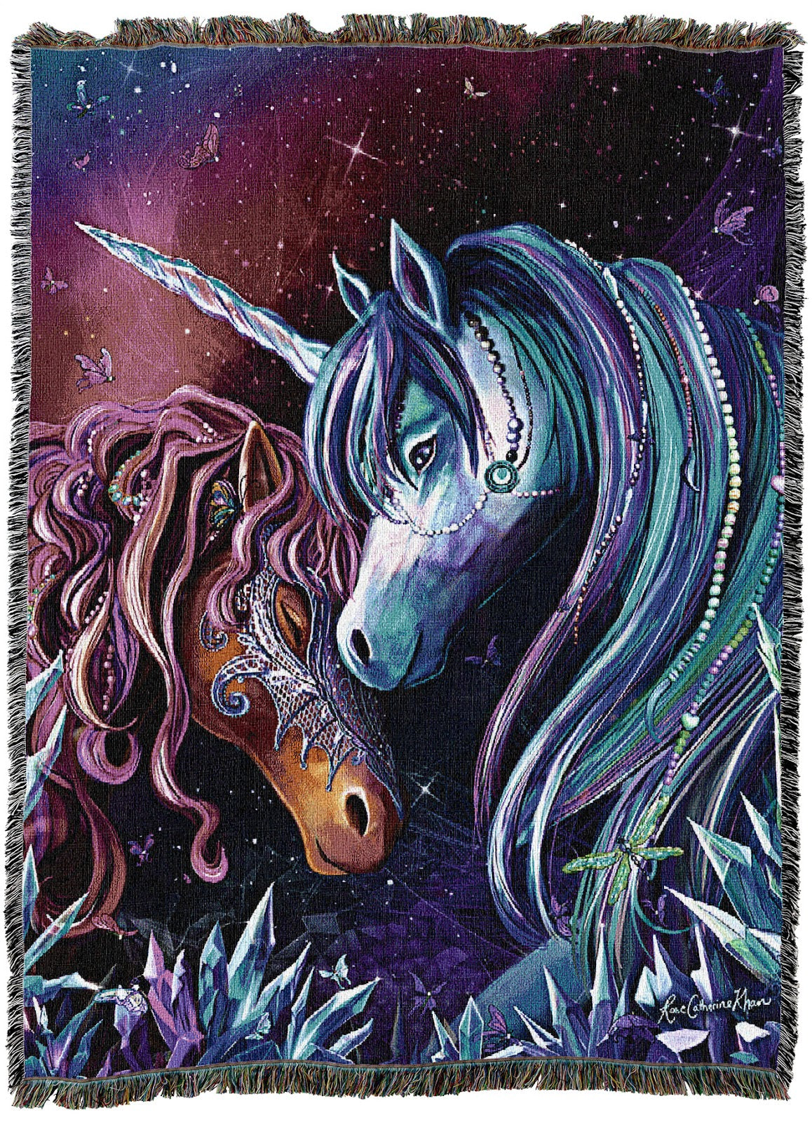 Tapestry blanket showing horse in red and pink hues and unicorn in blue and purple in a garden of crystals, with butterflies under the stars