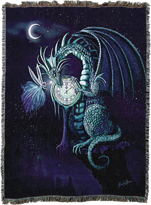 Tapestry blanket of a blue dragon holding a clock with a fairy at night under a crescent moon