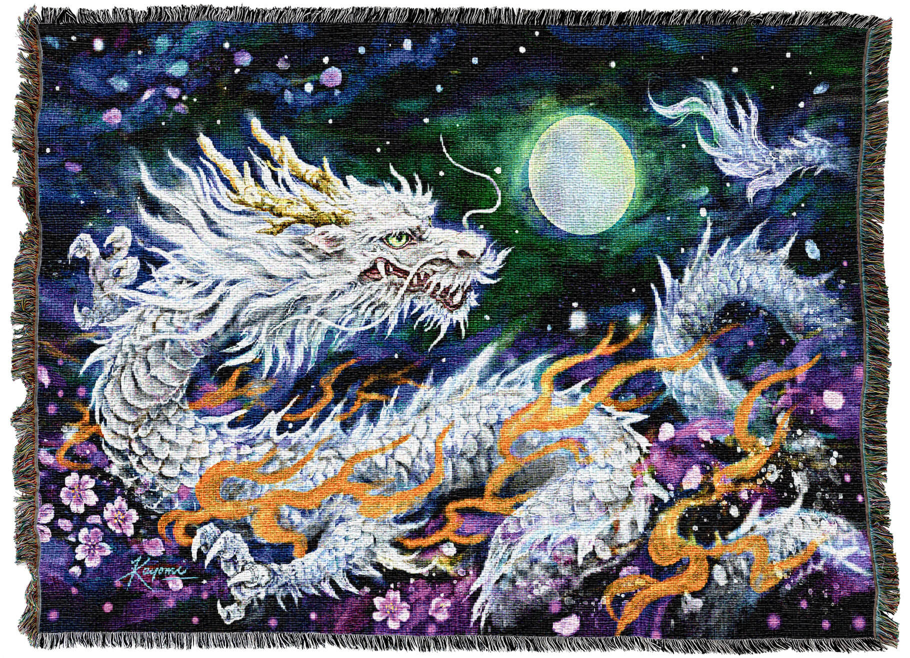 White Dragon & The Moon Tapestry Blanket by Kayomi Harai- Fantasy