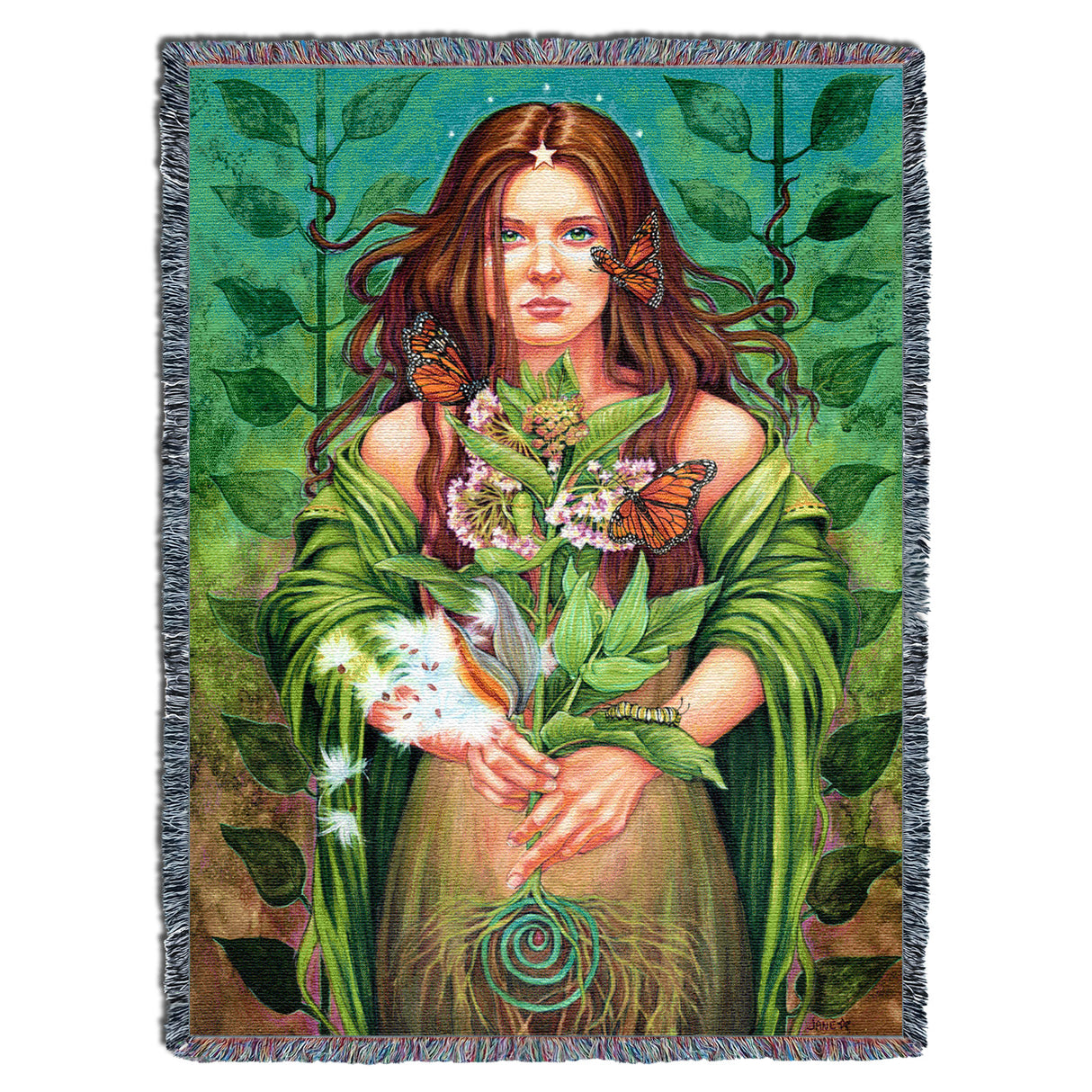Tapestry blanket showing redheaded woman holding milkweed plant covered in orange monarch butterflies with caterpillar, seed pods floating away, leaves in background and spiral roots