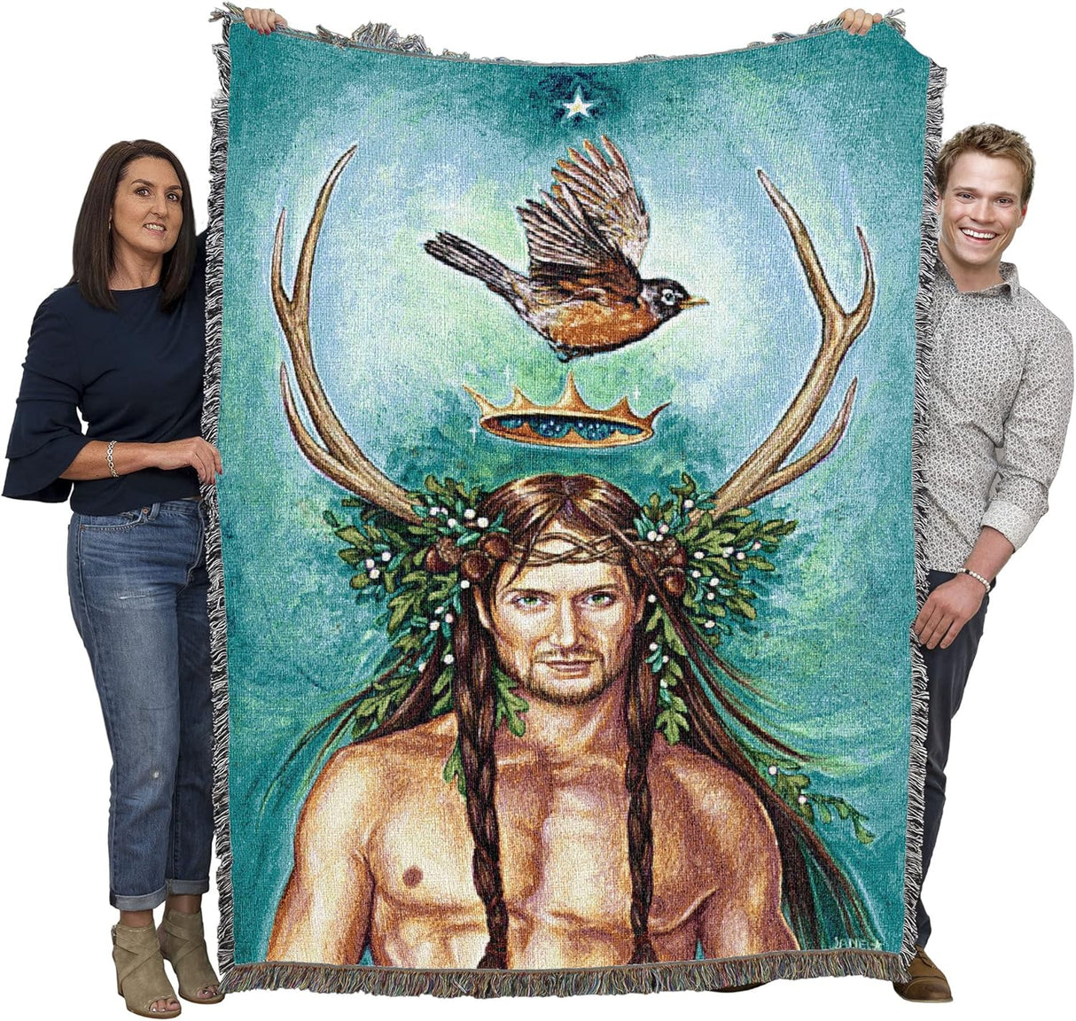 Tapestry blanket, art by Jane Starr Weils, shown held by two adults to show large size. The Oak King/Greenman/Cernunnos with antlers, oak leaves and acorns in hair, braids, shirtless. Robin above with a crown