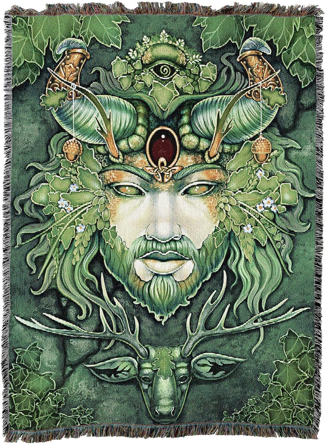 Tapestry blanket of Greenman's antlered face with leaves and a stag below him, ivy leaf border