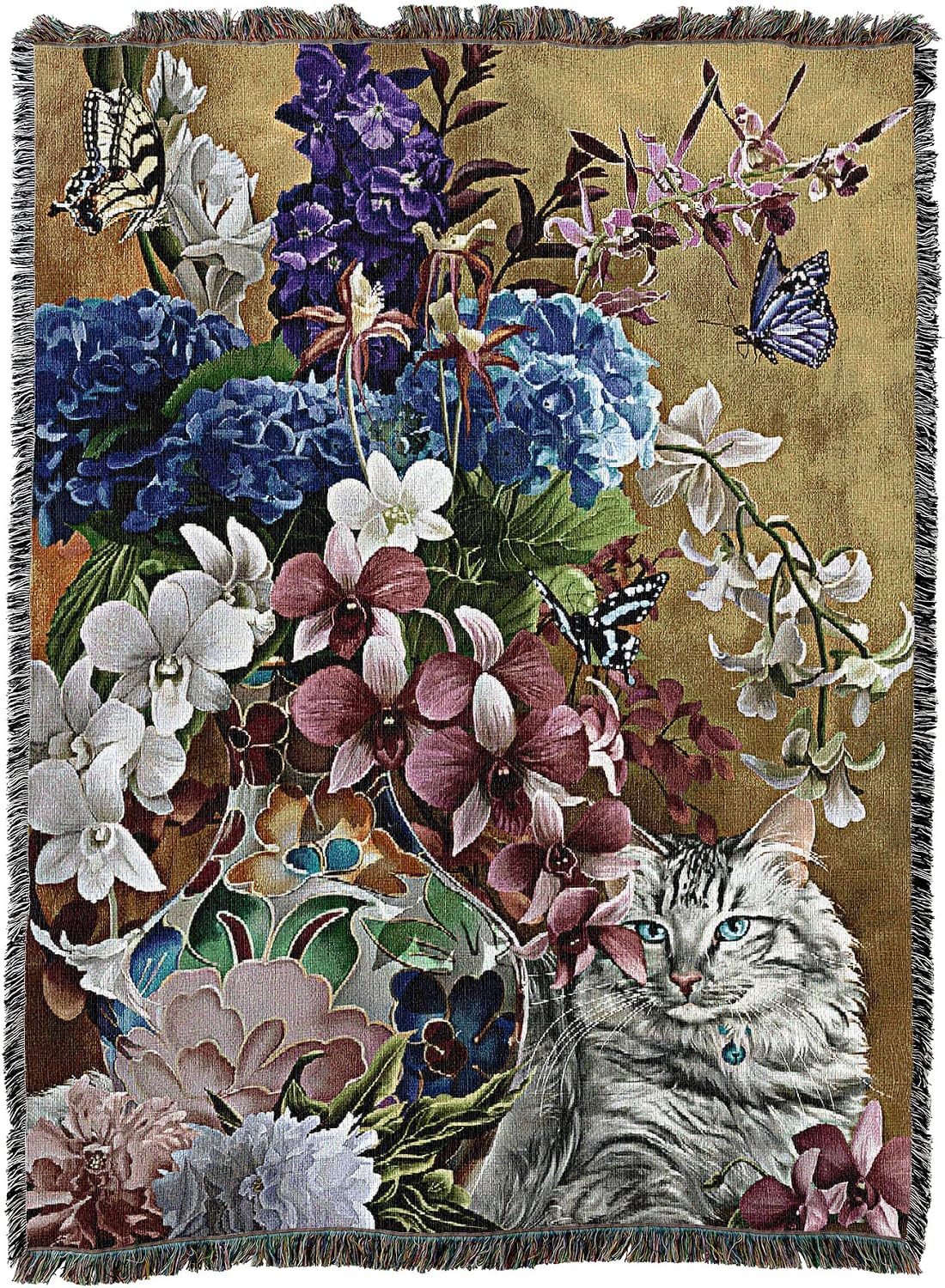Tapestry blanket with blue eyed gray tabby cat and floral arrangement in a vase with butterflies