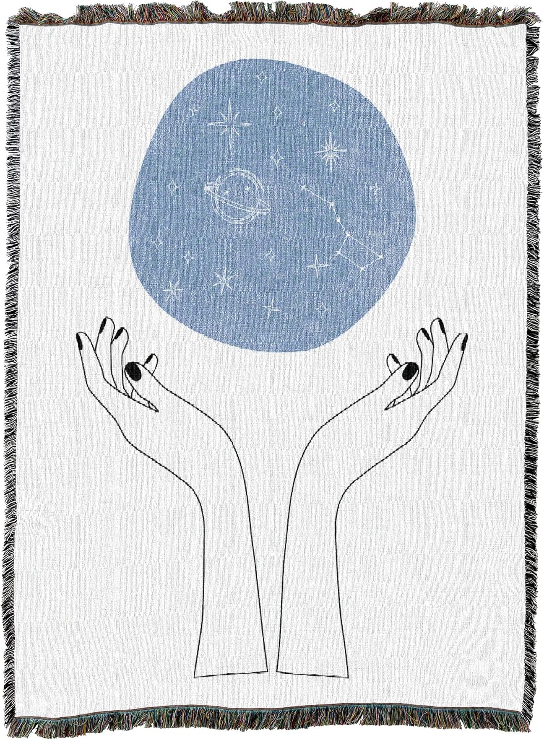 Tapestry blanket showing hands and above them, a blue orb of constellations