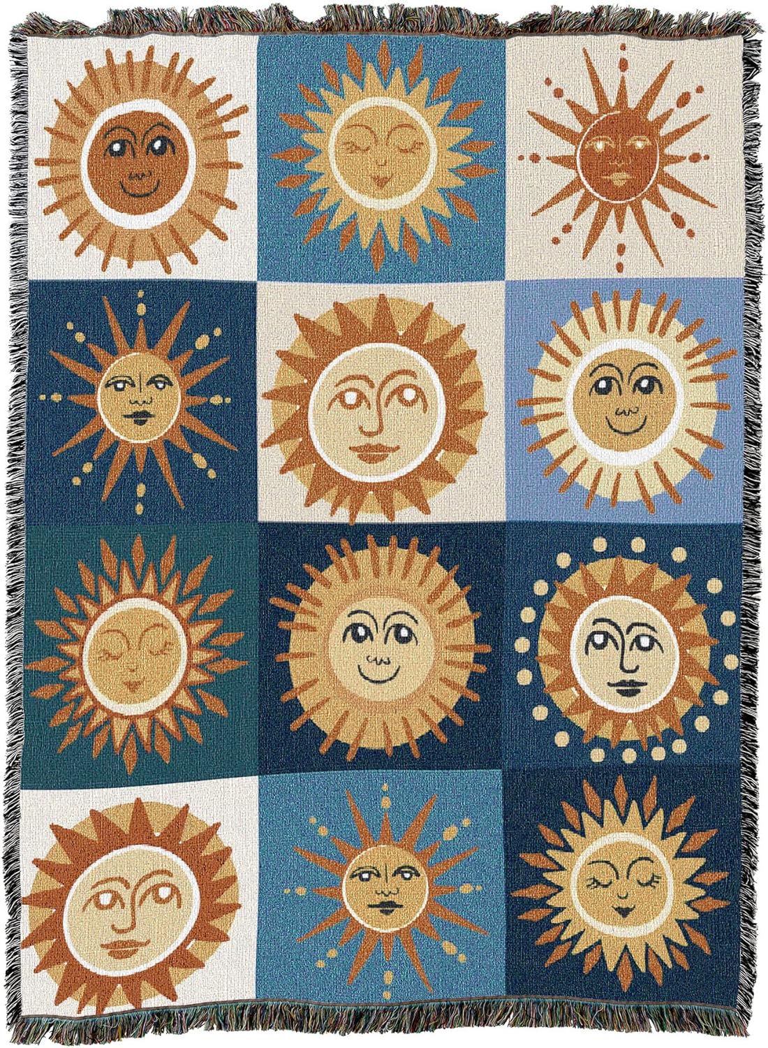 Tapestry blanket with 12 different smiling sun faces, done in gold, cream, and shades of blue