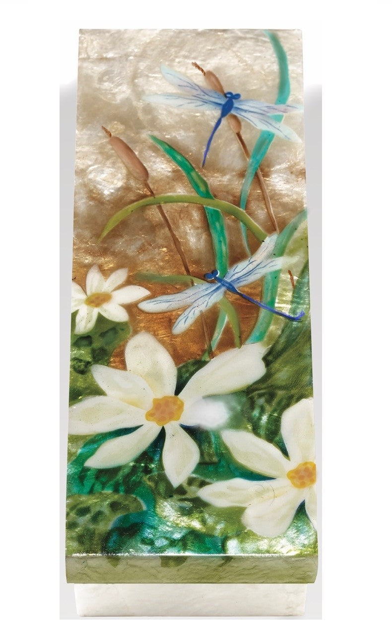 Long rectangular gift box with capiz shell lid, iridescent design with blue dragonflies, white flowers, cattails and leaves