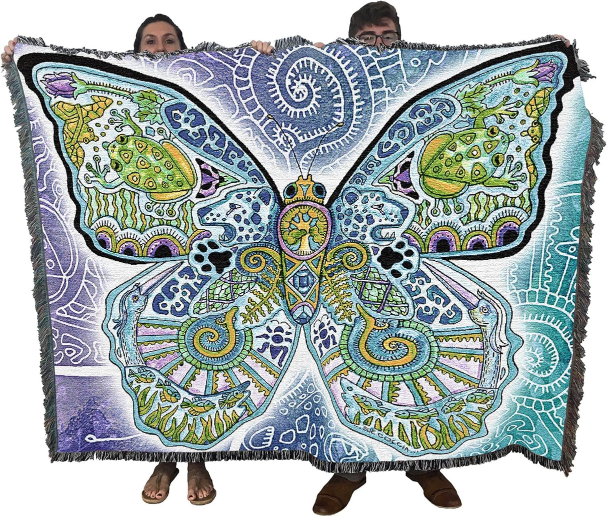 Colorful butterfly-themed tapestry held by two people