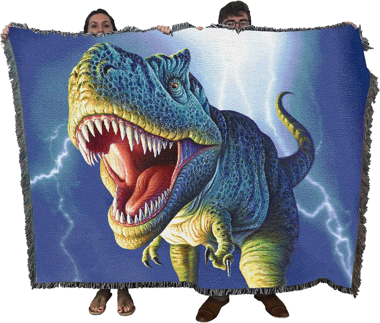 Tapestry blanket held by two adults to show large size