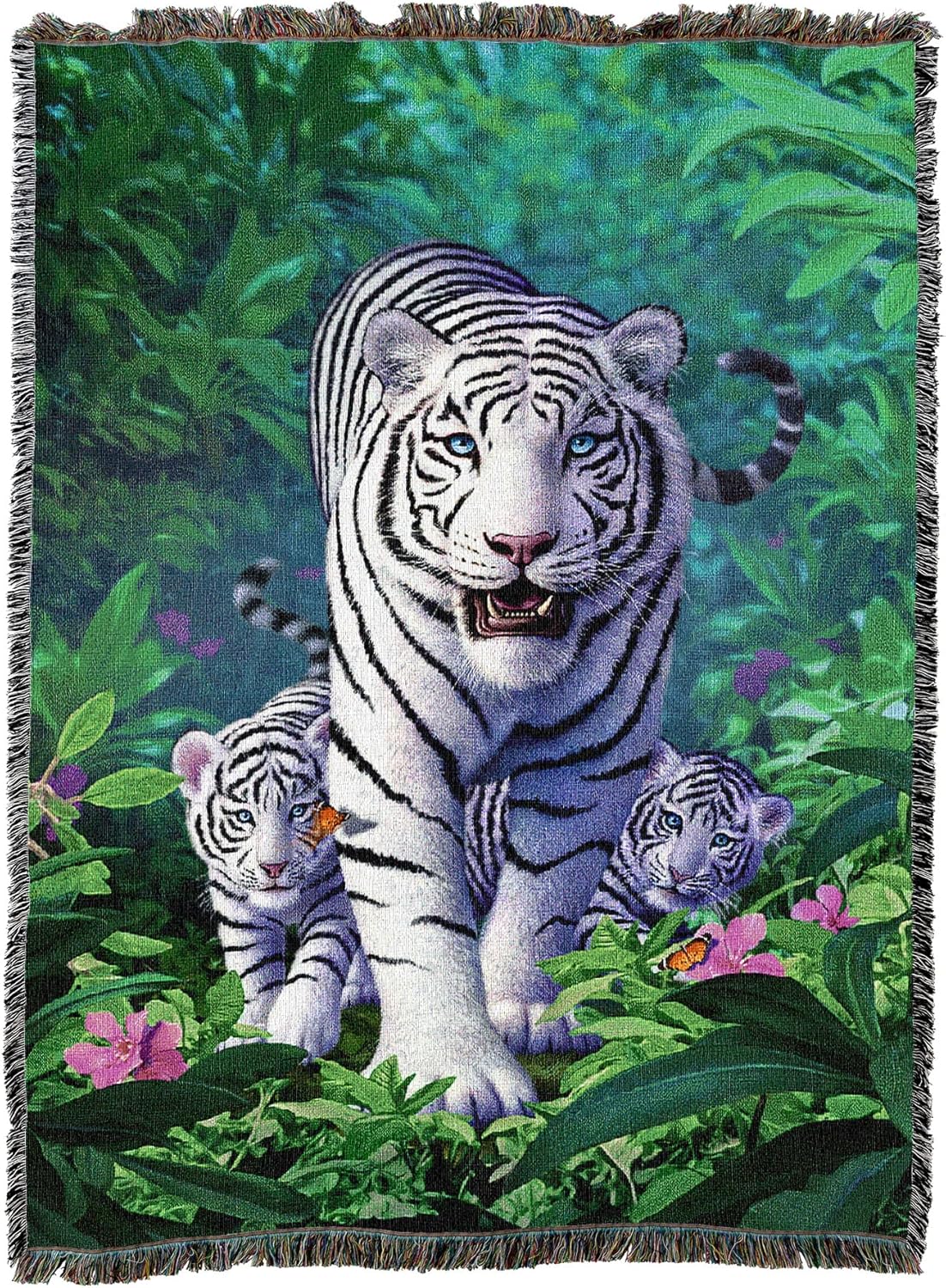 Tapestry of white tiger and cubs in a jungle setting