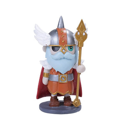 Cute figurine of Norse god Odin with helmet and staff, wearing eyepatch