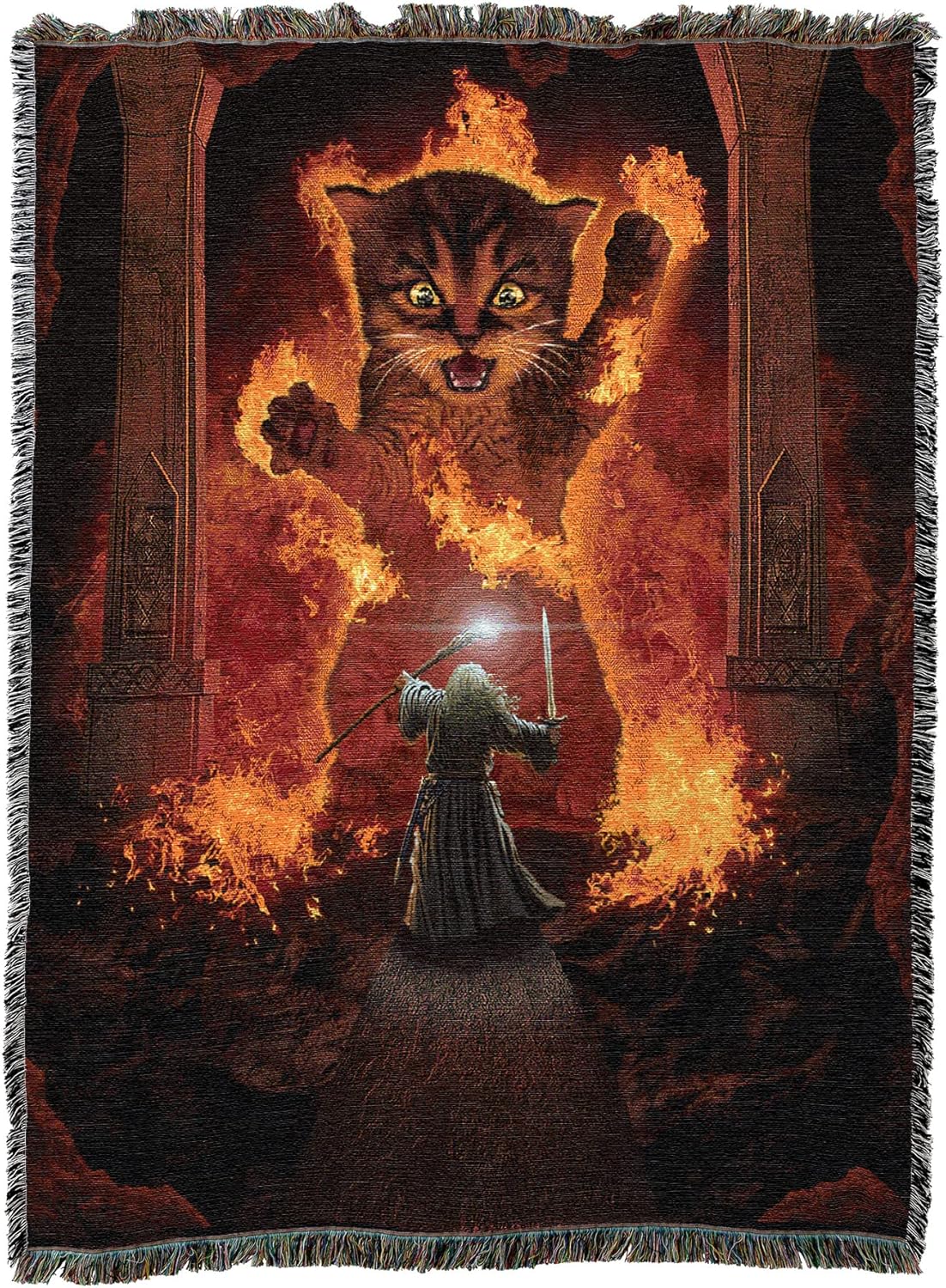 Woven blanket with a fantasy design featuring a cat wreathed in fire, reminiscent of the Balrog from Lord of the Rings, facing off with a wizard much like Gandalf.
