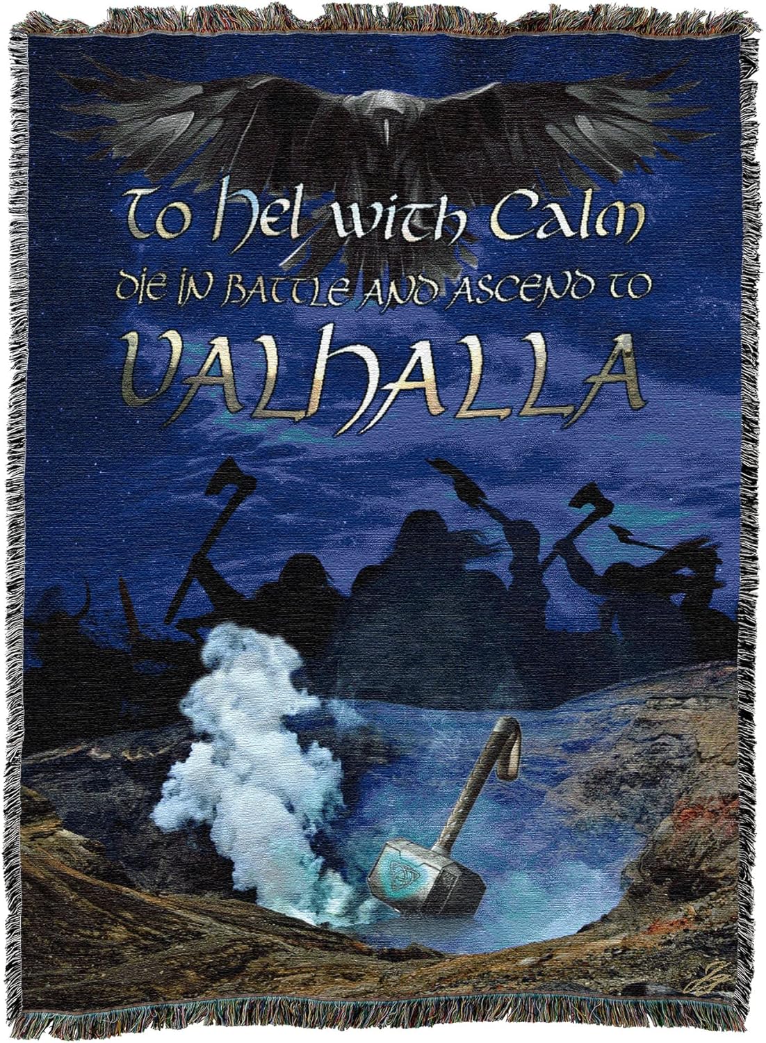 Tapestry blanket, blue background, raven, silhouette of warriors, Mjolnir hammer and words "To Hel with Calm, Die in Battel and Ascend to Valhalla"