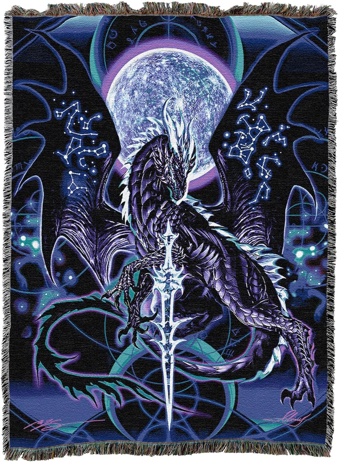 Tapestry blanket, art by Ruth Thompson, purple black dragon in front of full moon, constellations on its wings and a glowing sword front and center