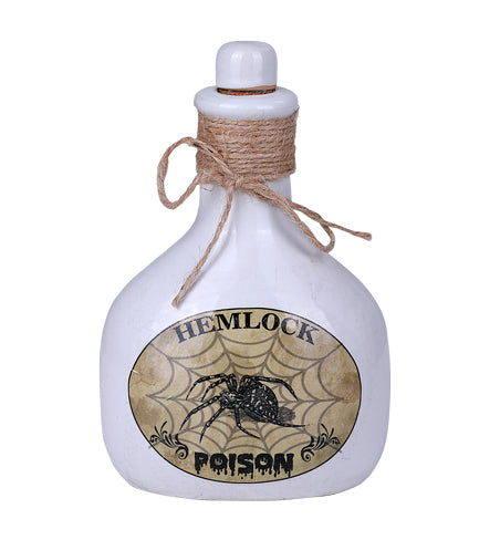 White ceramic decorative bottle labeled 'Hemlock Poison' with a spider design