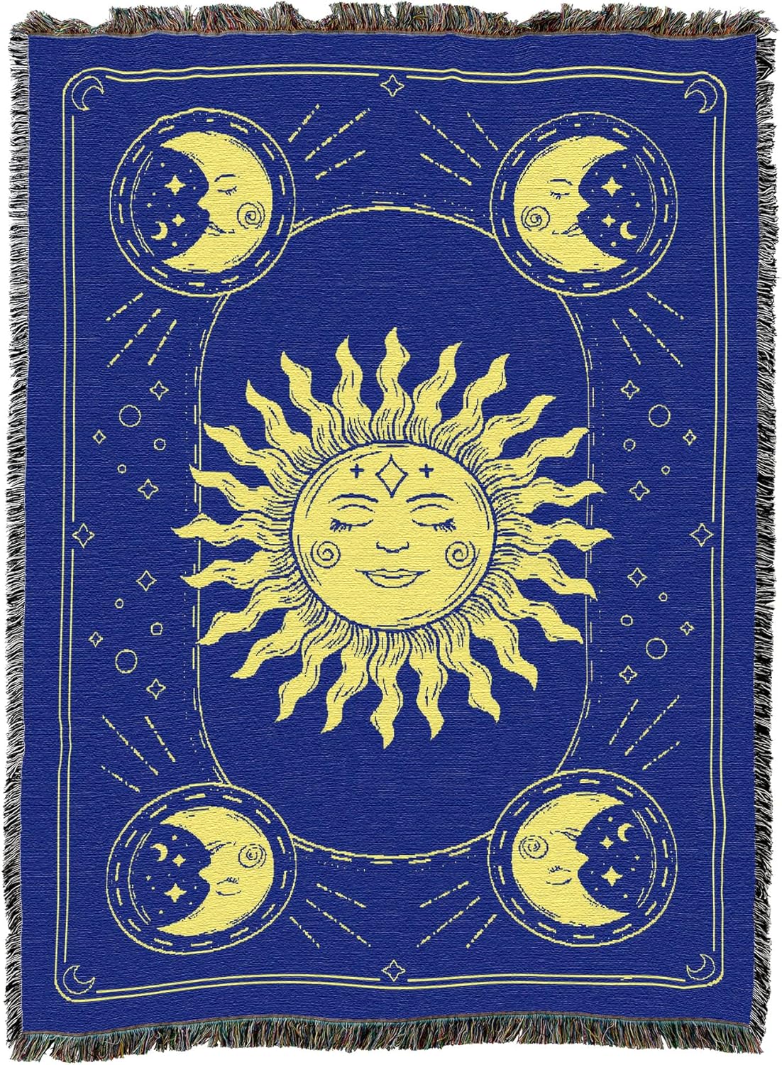 Woven tapestry with sun and moon design in yellow on a blue background