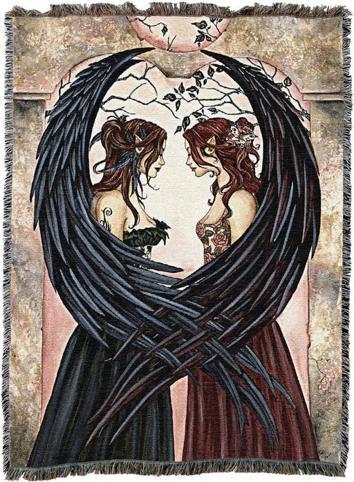 Tapestry blanket featuring two fairy sisters facing each other, with dark feathered wings.