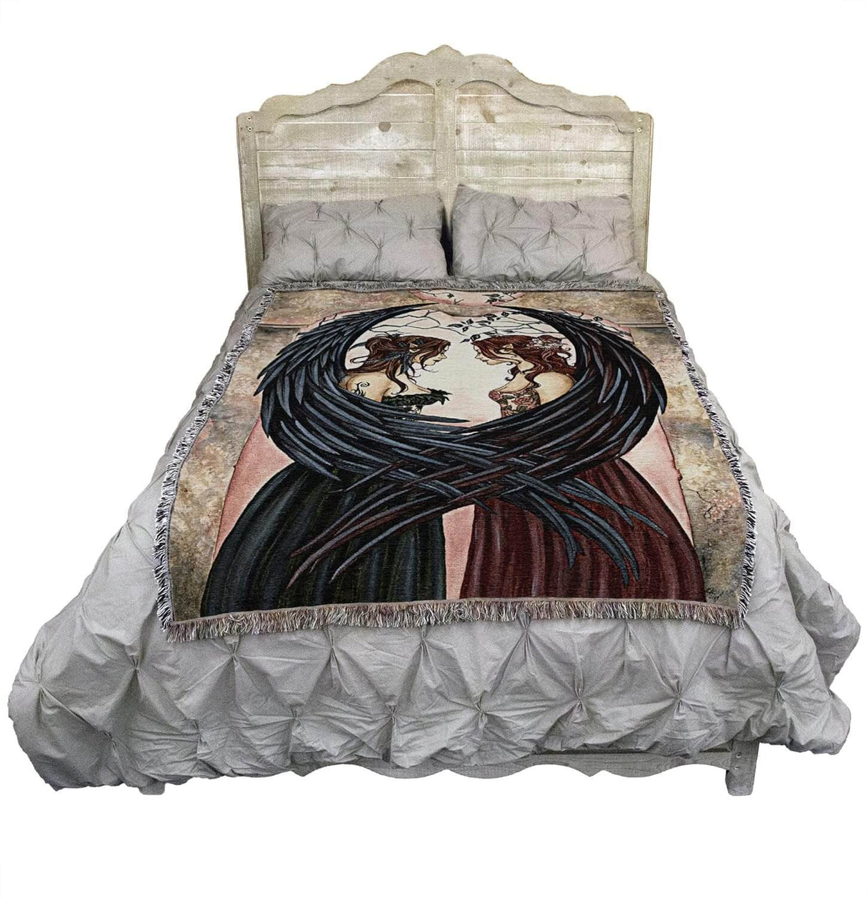 Fairy sister tapestry blanket shown on a bed