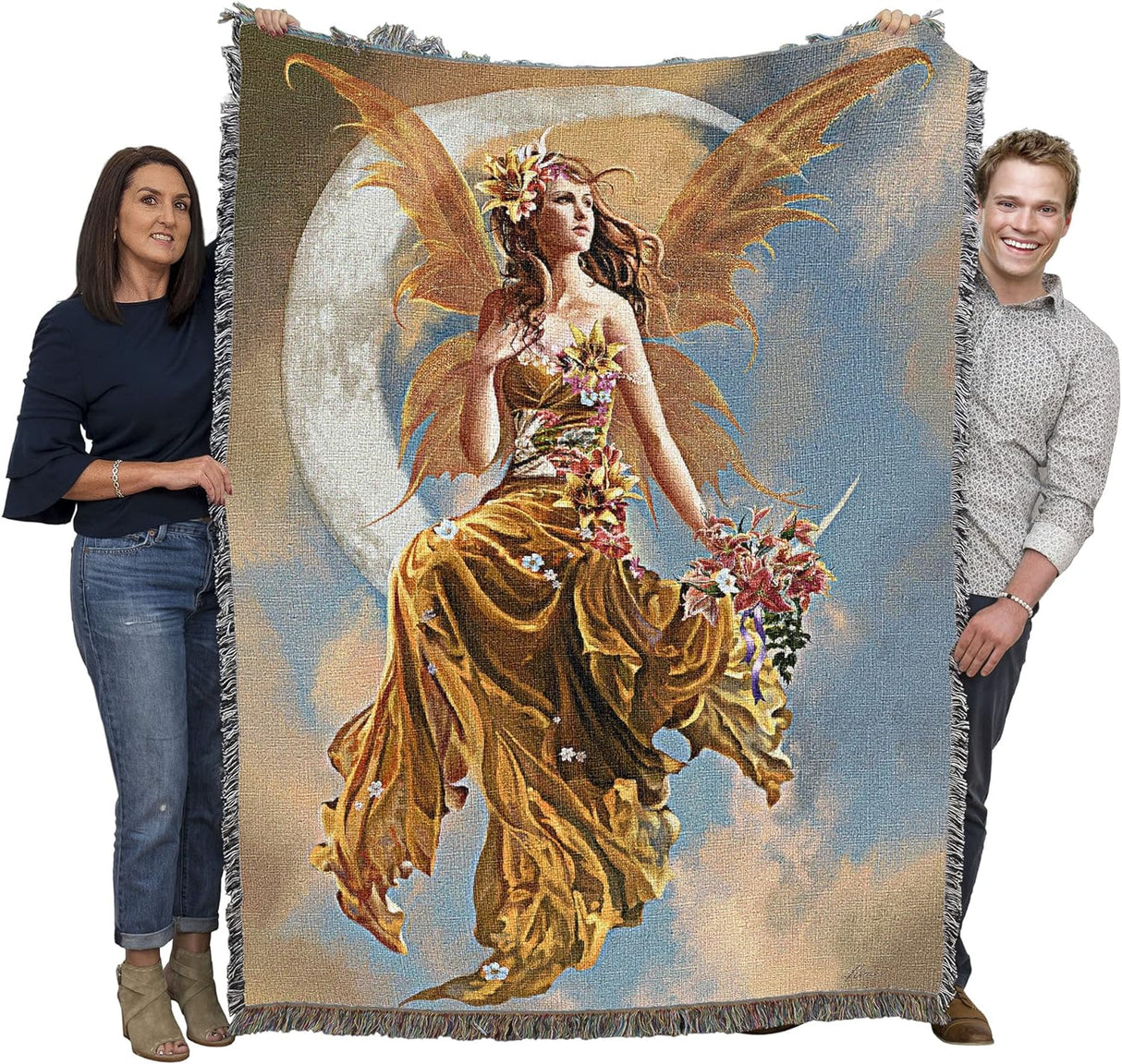 Tapestry blanket held by two adults to show large size