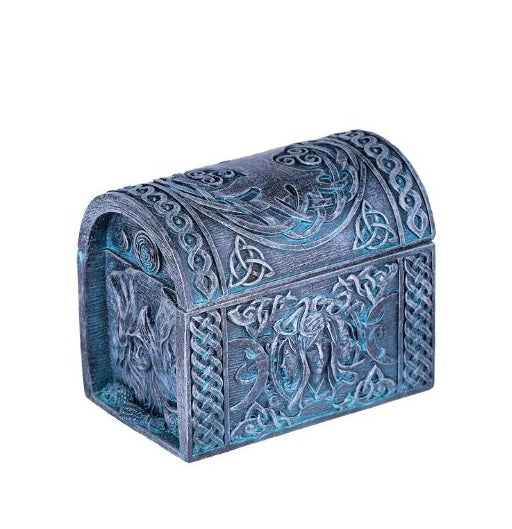 Decorative chest with Celtic knot designs on a white background