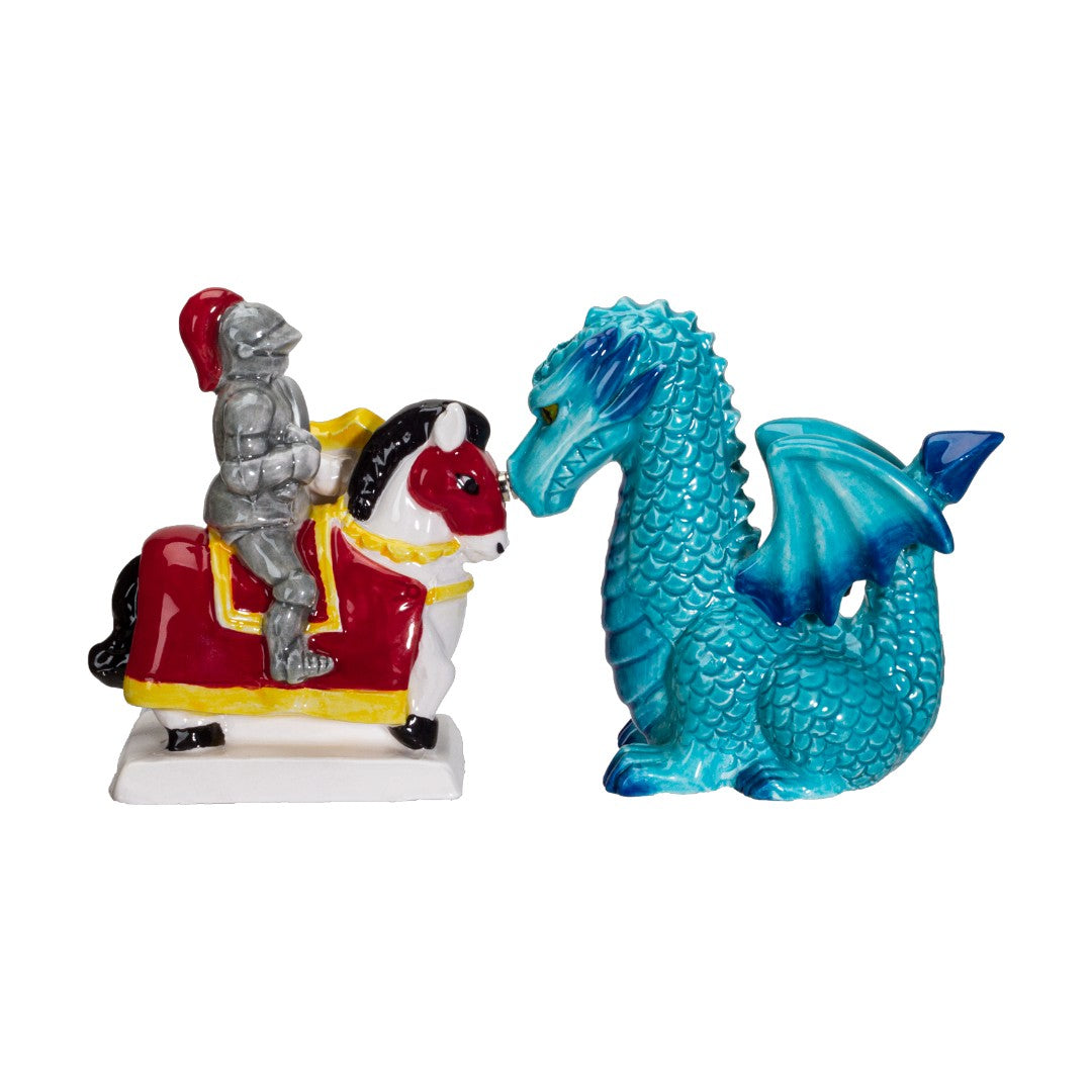 Salt and pepper shakers shaped like a knight on horseback and a blue dragon