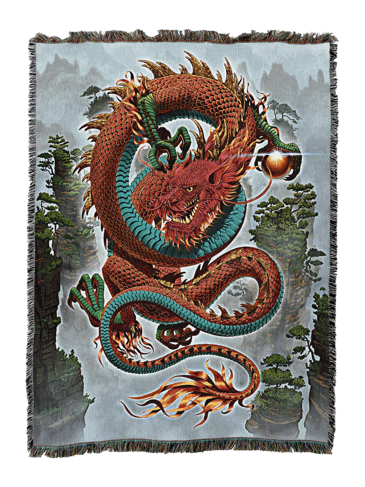 Woven blanket with a colorful red dragon design on a scenic background