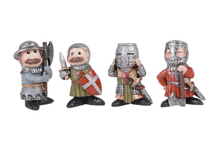 Set of 4 cute knights. One holding axe, one with dagger and shield, one in a helmet, the other with another axe.