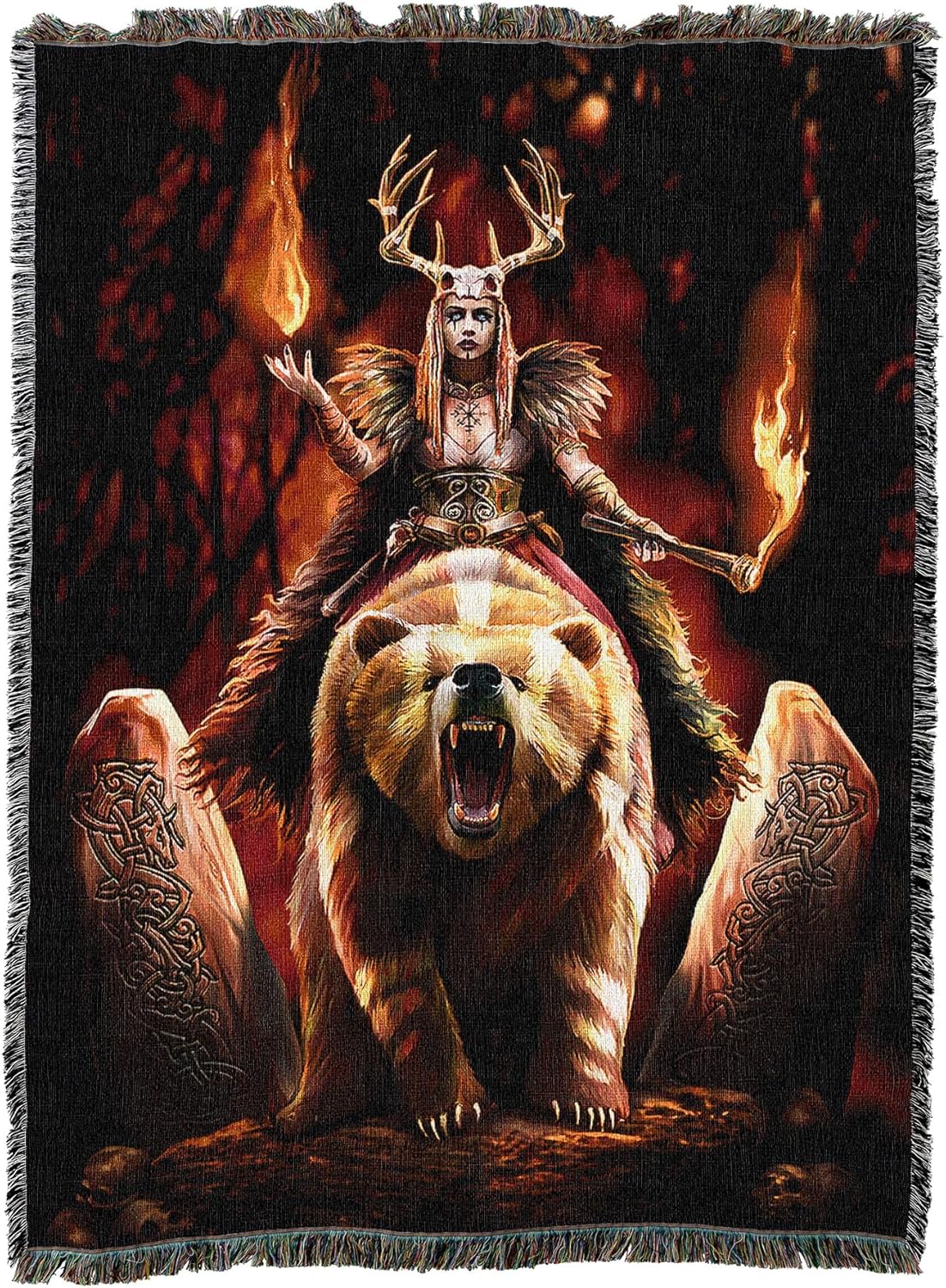 Woven blanket with a fantasy design of a warrior woman on a bear with flames and stone carvings.