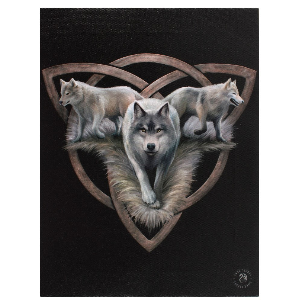 Canvas art print by Anne Stokes, three wolves in front of Celtic knotwork against black background