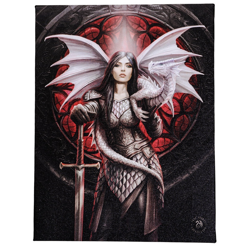Canvas print by Anne Stokes, knight woman in armor with sword and dragon on her shoulder, standing in front of Gothic red glass window