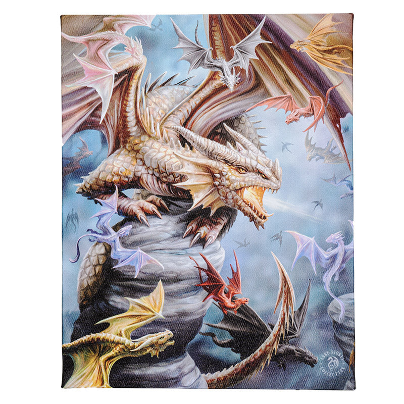 Canvas art print by Anne Stokes, gold dragon on spire surrounded by smaller colorful dragons