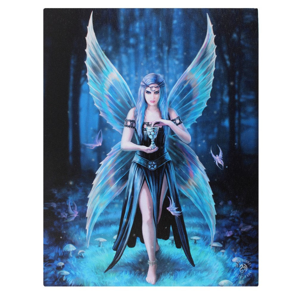 Canvas print of fairy with iridescent wings holding chalice in dark forest surrounded by smaller pixies, by Anne Stokes