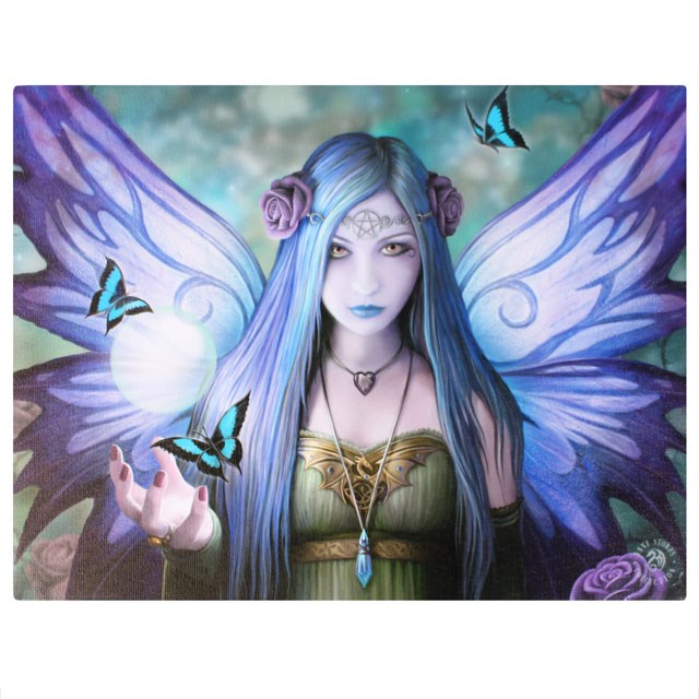Canvas print by Anne Stokes, fairy with purple wings, glowing orb above palm, blue and black butterflies. She has blue hair and purple rose accents, pale green dress with gold dragon motif, blue crystal necklace