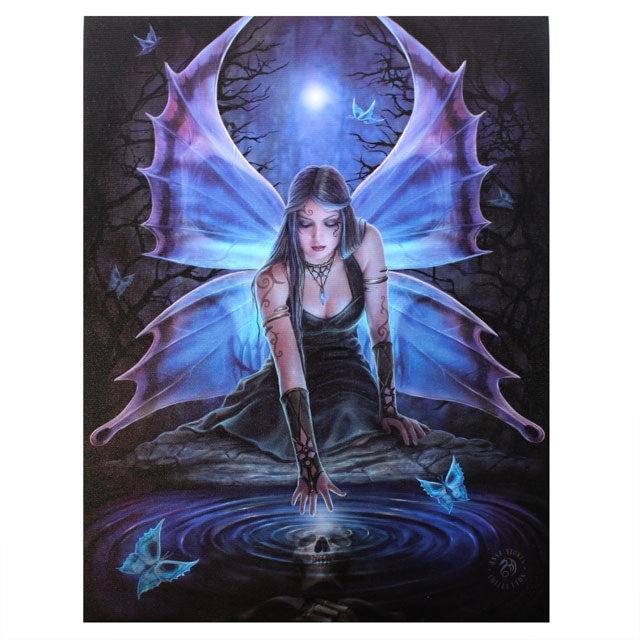 Canvas print by Anne Stokes, fairy in black reaching towards a skull in a pond. Full moon behind her, butterflies surrounding her