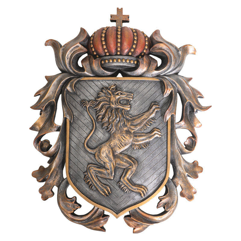 Decorative coat of arms shield wall plaque with a lion emblem and crown on a white background