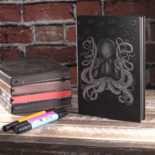 Journal with black cover and silver kraken squid design