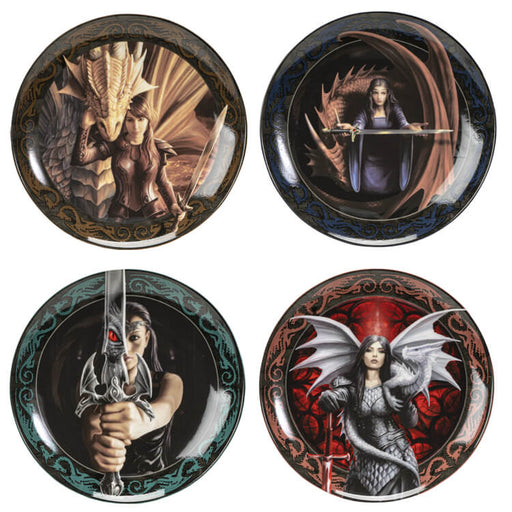 Set of 4 porcelain dessert plates with artwork by Anne Stokes. Golden dragon and woman with spear, maiden with red dragon holding out sword, warrior brandishing a sword, and silver amor-clad lady with pale dragon