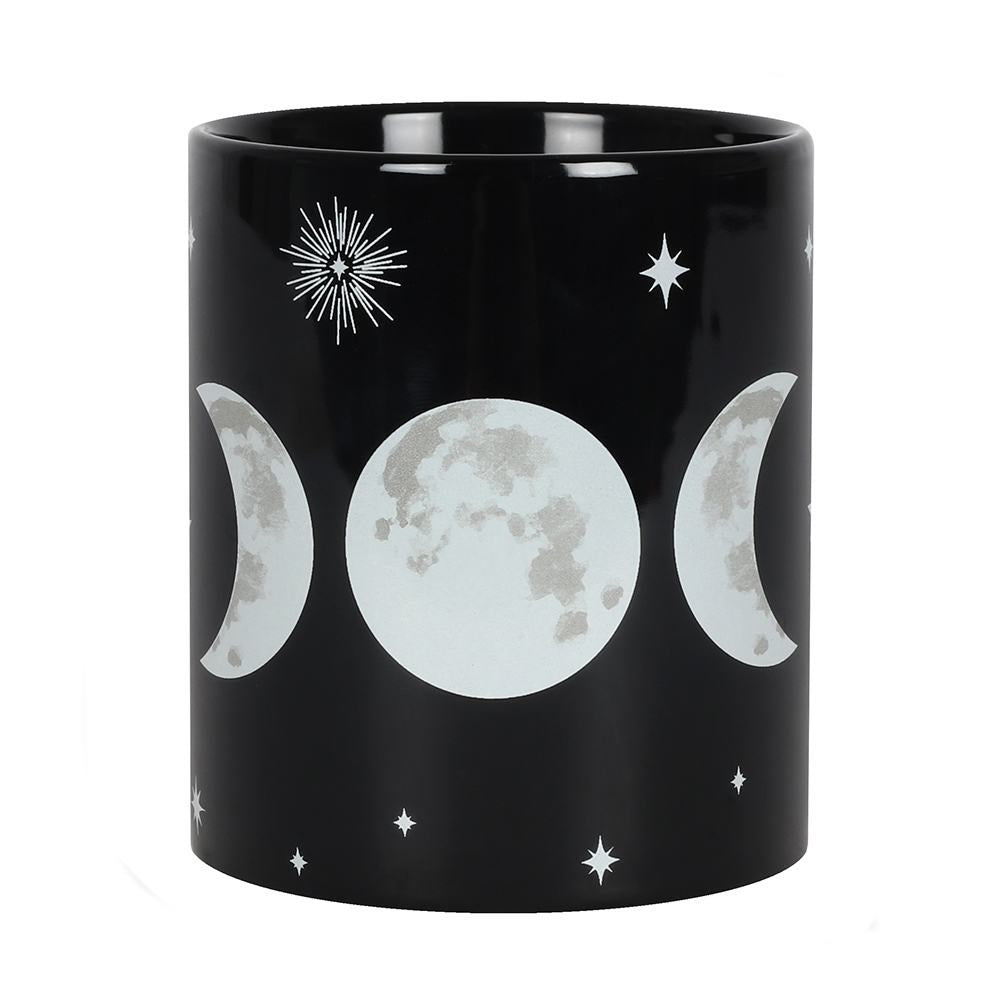 Black ceramic mug with white triple moon and star designs