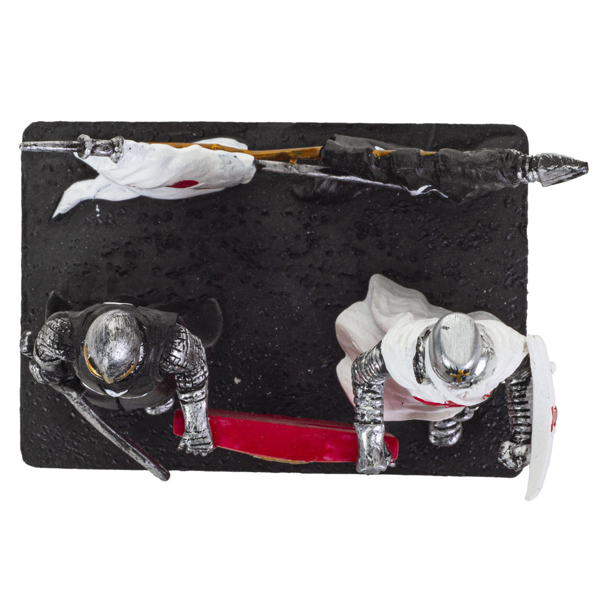 Figurine and card holder with two knights (one in black and one in white) holding up a red shield. Shown top down, lances behind them to prop up cards or other items