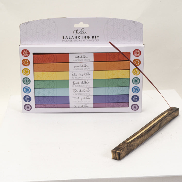 Chakra balancing kit with incense stick on a white background