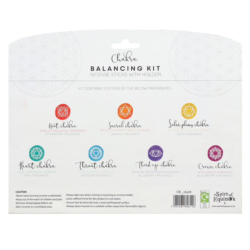 Chakra balancing incense kit packaging with icons and text on a white background