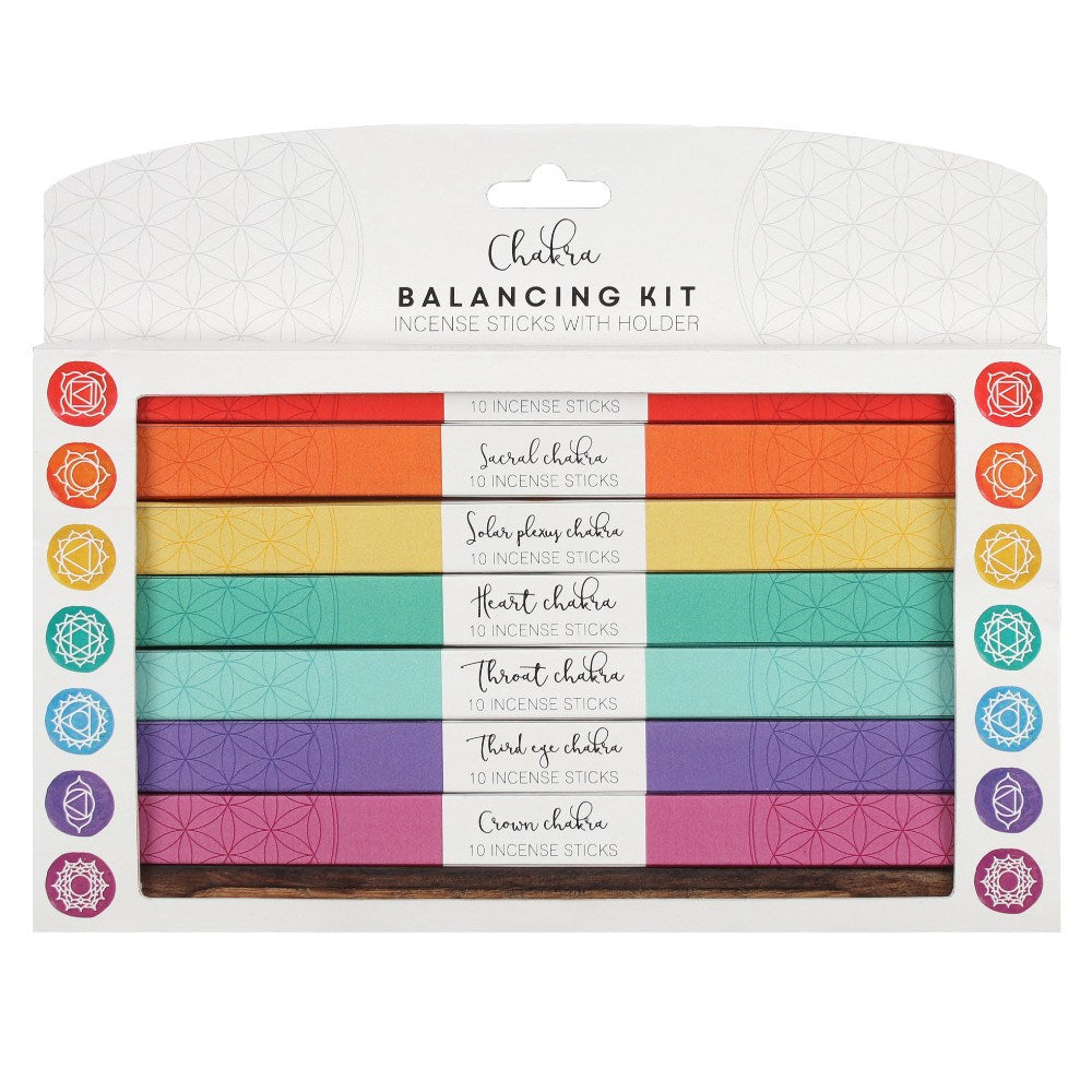 Chakra balancing kit with incense sticks and holder packaging on a white background