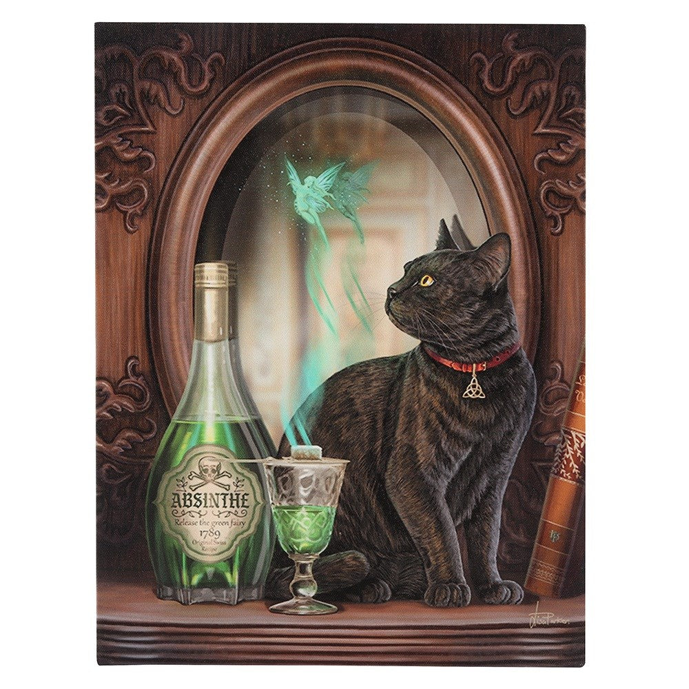 Canvas print by Lisa Parker, black cat on shelf with goblet and bottle of Absinthe, fairy flying upward