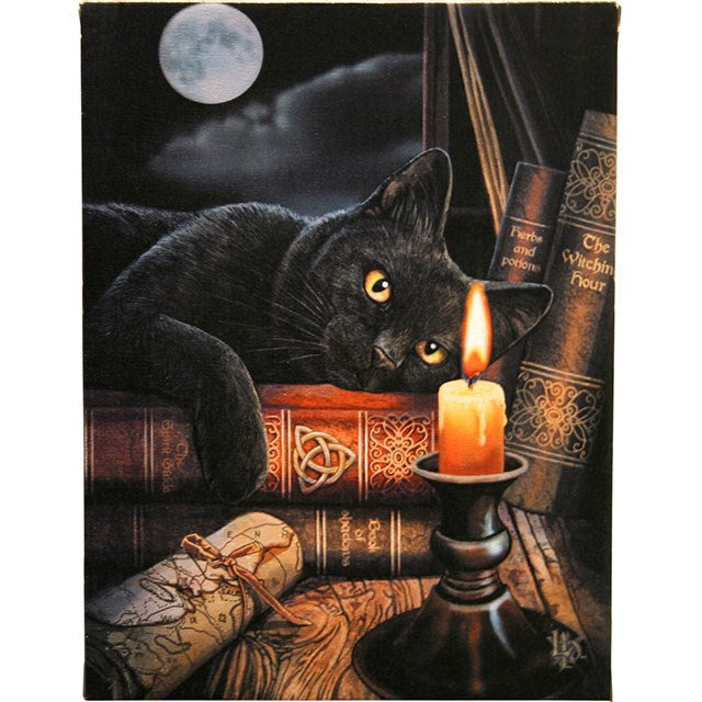 Canvas print by Lisa Parker, black cat on stack of books under full moon, looking at candle from golden eyes, map tied up near paw