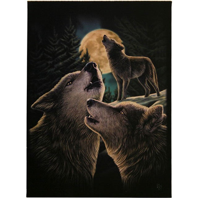 Canvas art print of Lisa Parker, three wolves howling and the full moon in the forest background