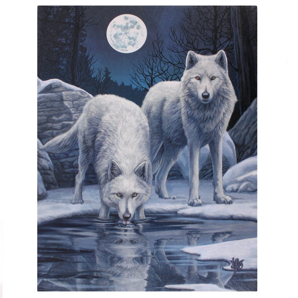 Canvas print by Lisa Parker of two white wolves by a pond, one drinking, with a full moon in the background