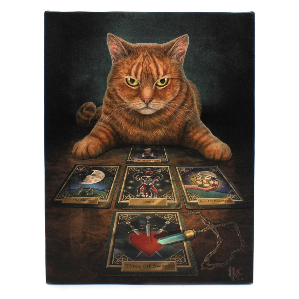 Canvas print by Lisa Parker. Orange tabby Cat with tarot cards sitting on a table with a crystal