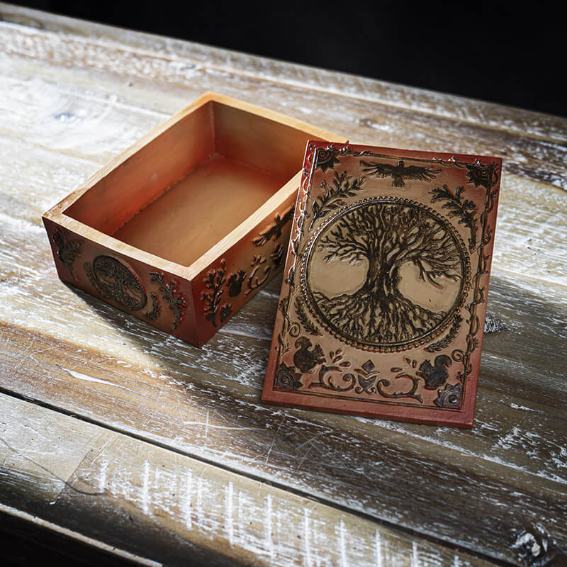 Tree of Life trinket box in earthy tan color scheme with birds, animals, and foliage. Rectangular with lid.