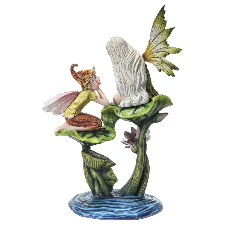 This figurine has a fairy sitting with an elf. The fairy sits on a higher leaf, looking down at the elf, and both of the leaves and a flower are above a pond of blue water that forms the base. The fairy has a green leaf dress with green and yellow wings, and pale white hair. The elf has a yellow shirt and orange-tan pants, a flower bud had, and pink wings.