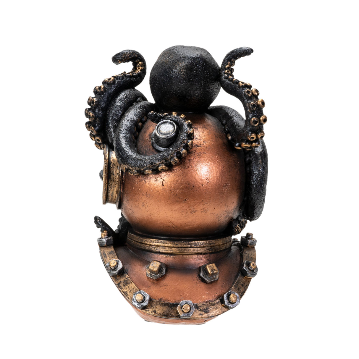 Backflow incense burner featuring a black octopus on a bronze diver's helmet, shown from the back